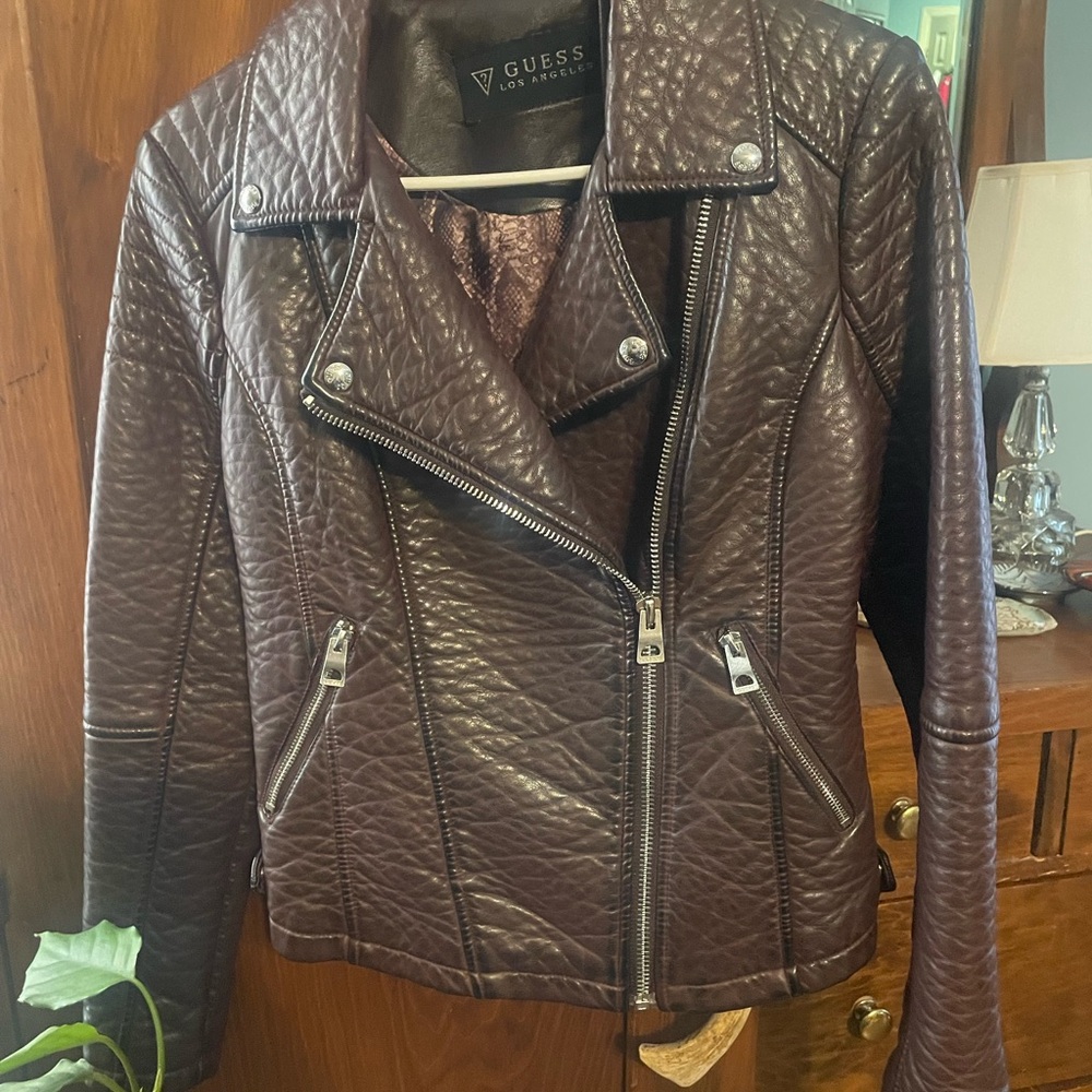 Guess brand burgundy/brown color faux leather textured motorcycle jacket.